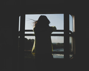 Rear view of a young woman looking through a window in the train.