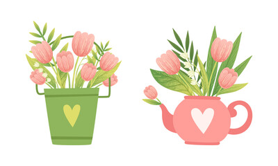 Spring Blooming Pink Tulip and Lily of the Valley Flower Bouquet Vector Set