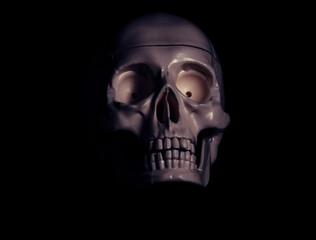 Single human skull in the darkness.