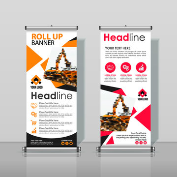 Roll up Banner Design, Business Abstract Red, yellow, Vertical Template Vector, Cover Abstract Modern X-Banner, Brochure Flyer Banner Rectangle Size.