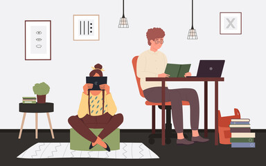 Student friend people study in home room interior vector illustration. Cartoon boy character in glasses sitting at table with laptop and book, girl reading education information from tablet background