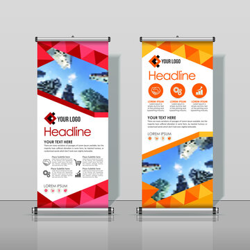 Roll up Banner Design, yellow, Red, Business Abstract Vertical Template Vector, Cover Abstract Modern X-Banner, Brochure Flyer Banner Rectangle Size.