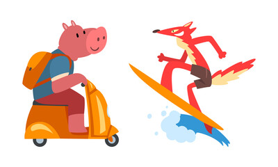 Hippopotamus Riding on Scooter and Fox Surfboarding on Wave Vector Set