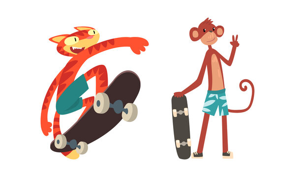 Cat and Monket Skateboarding and Showing V Sign Vector Set