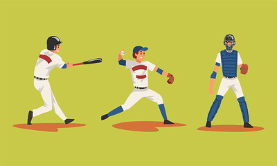 Baseball Player on Green Sport Field Playing Bat-and-ball Game Vector Set