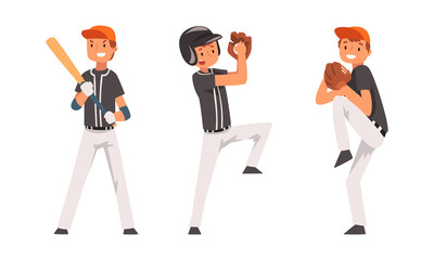 Boy as Baseball Player on Sport Field Playing Bat-and-ball Game Vector Set