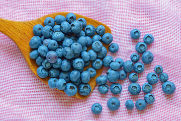 Wild berry. Bog whortleberry on wooden spoon on table