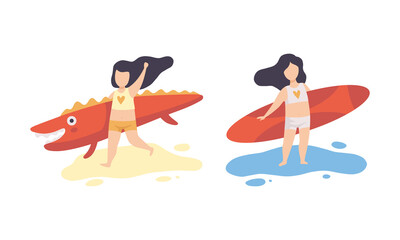 Happy Girl Having Vacation at Sea Running with Surfboard Vector Set