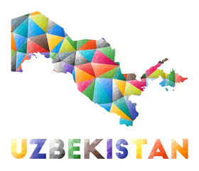 Fototapeta na wymiar Uzbekistan - colorful low poly country shape. Multicolor geometric triangles. Modern trendy design. Vector illustration.