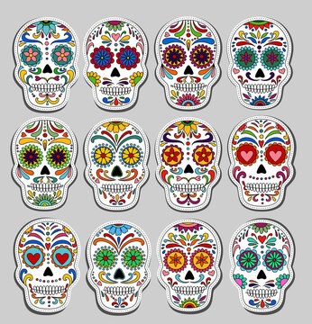 Day of the Dead  skulls stickers. Dia de los muertos. Day of the dead and  mexican Halloween. Mexican tradition  festival. Day of the dead sugar skull isolated. Dia de los Muertos tattoo skulls sticke