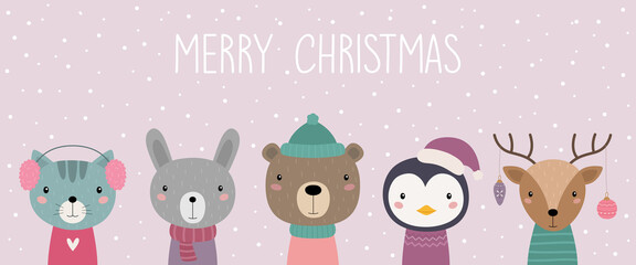 Obraz premium A postcard with Christmas animals. Merry Christmas. Cat, hare, bear, penguin, deer. Cute animals in knitted hats and scarves. Vector illustration