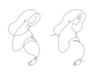 Line art pregnant woman, profile portrait with hands on belly. 