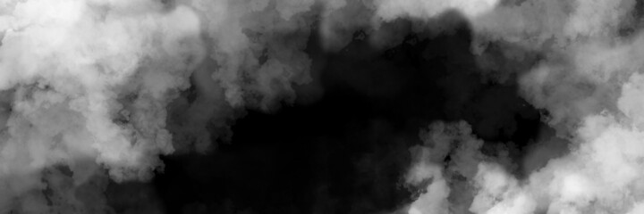 White smoke clouds on black background. Abstract banner