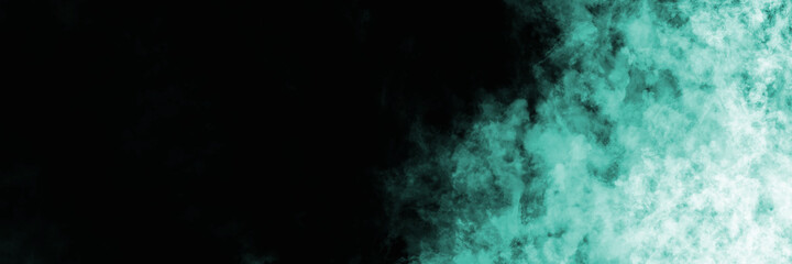 LIght blue smoke clouds on black background. Abstract banner