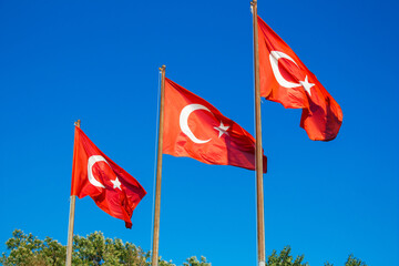 Turkish flags against blue sky background.