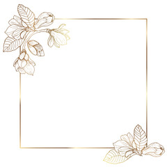 Gold frame. Trendy minimalistic abstract square botanical art templates. Magnolia flowers are golden. For publications on social networks, mobile applications, for banners the Internet. Vector