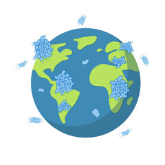 Earth pollution by medical masks after a coronavirus pandemic.