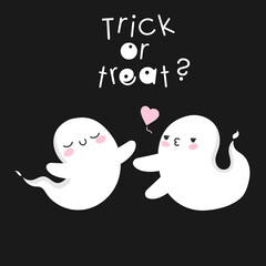 halloween ghosts in love. spooky ghost and heart. trick or treat. 
cute kawaii spirit in flat style. banner poster on happy halloween.