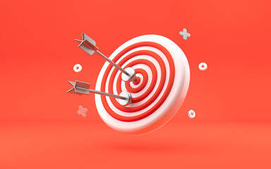 Arrow Darts in the center of target. Business goal, achievement and success concept. Modern design, 3d rendering. Bright red background.