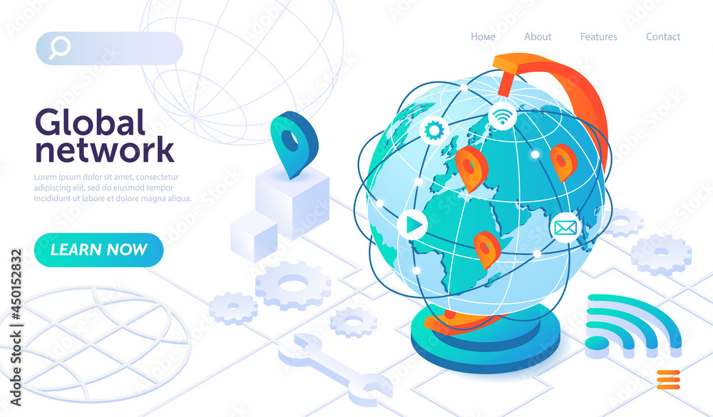 Poster global network technology with big globe on white background with icons. world internet connection o