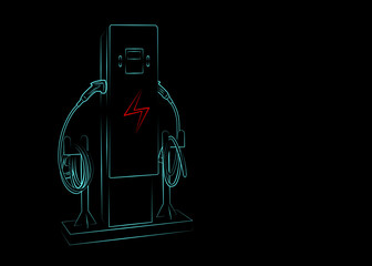 Illustration sketch light blue color outline shape of electric vehicle charging (Ev) station with plug of power cable supply for Ev car isolated on black background