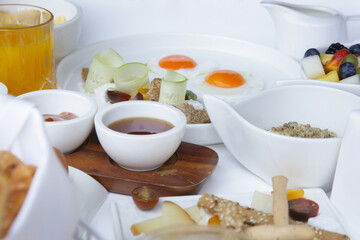 Breakfast in luxutry hotel with orange juice and various delicious choices of food.