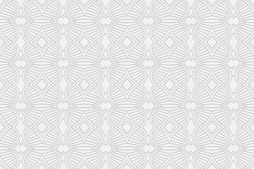 3d volumetric convex embossed geometric white background. Original pattern using handmade technique. Ethnic oriental, Asian, Indonesian ornaments for design and decoration.
