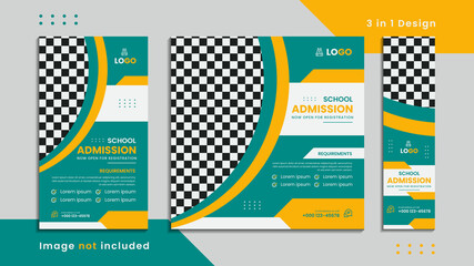 Kids school admission social banner 3 in 1 set design with mockup. - obrazy, fototapety, plakaty