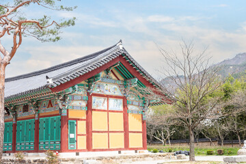 Fototapeta premium Beautiful landscape with religious building in buddhist temple Songgwangsa, South Korea