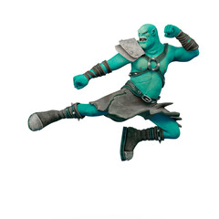 green orc cartoon doing a karate action jump pose