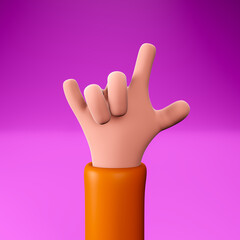 Obraz premium Cartoon hand shows a goat gesture, 3d illustration. The concept of music, rock and parties. The hand of a cartoon character makes a Rock and Roll gesture, 3d rendering.