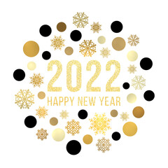 Happy New Year 2022 circle concept. Gold and black snowflakes on white background. Golden Christmas greeting card design with gold baubles glitter celebrating text. Winter holiday vector illustration.