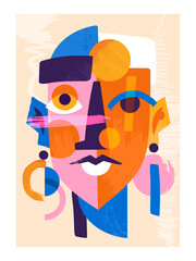 Colorful abstract female portrait on pastel yellow background. Concept of abstract art colorful face painting for wall decoration, banner, social media post. Flat vector illustration