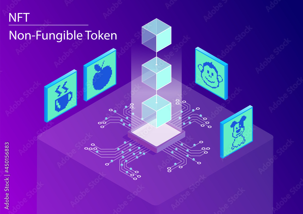 Poster nft non-fungible token concept infographic. 3d isometric vector illustration of this blockchain tech