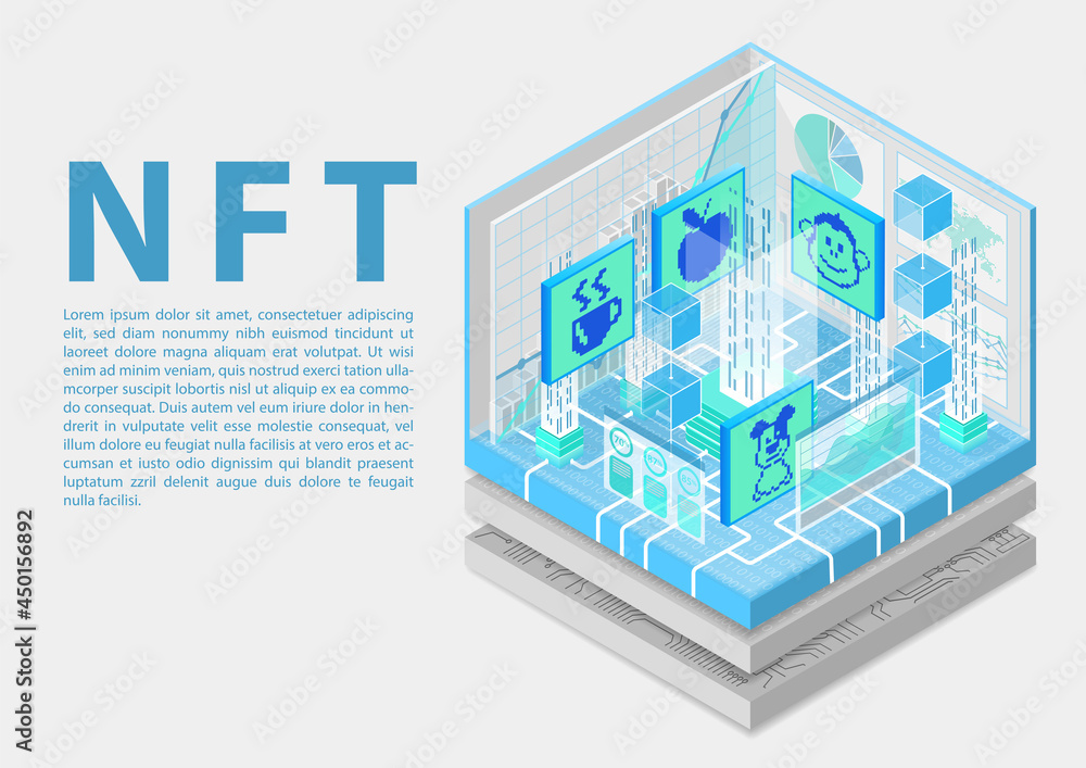 Poster nft non-fungible token concept infographic. 3d isometric vector illustration of this blockchain tech