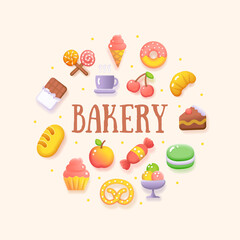 Food Sweets Coffee Shop Bakery Round Fluent Design Template Icon Concept. Vector