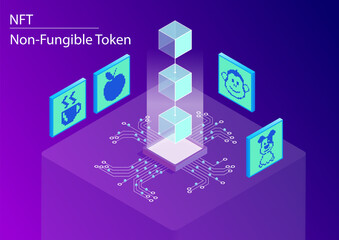 NFT non-fungible token concept infographic. 3d isometric vector illustration of this blockchain technology to sell and purchase digital artwork.