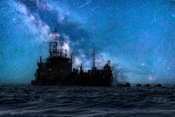 ship in the sea at night and the milkyway