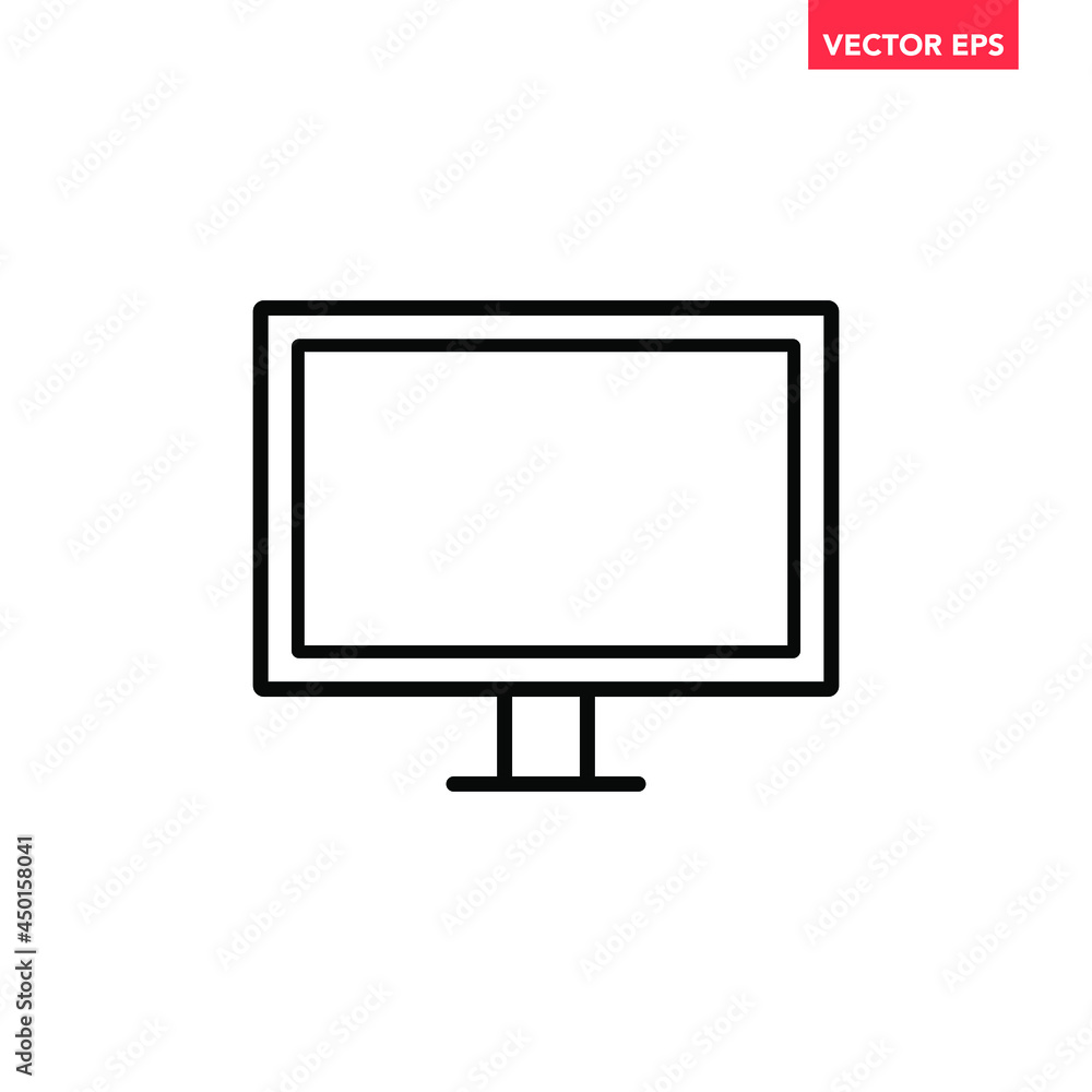 Fototapete black single computer or lcd tv monitor line icon, simple digital device flat design pictogram, info