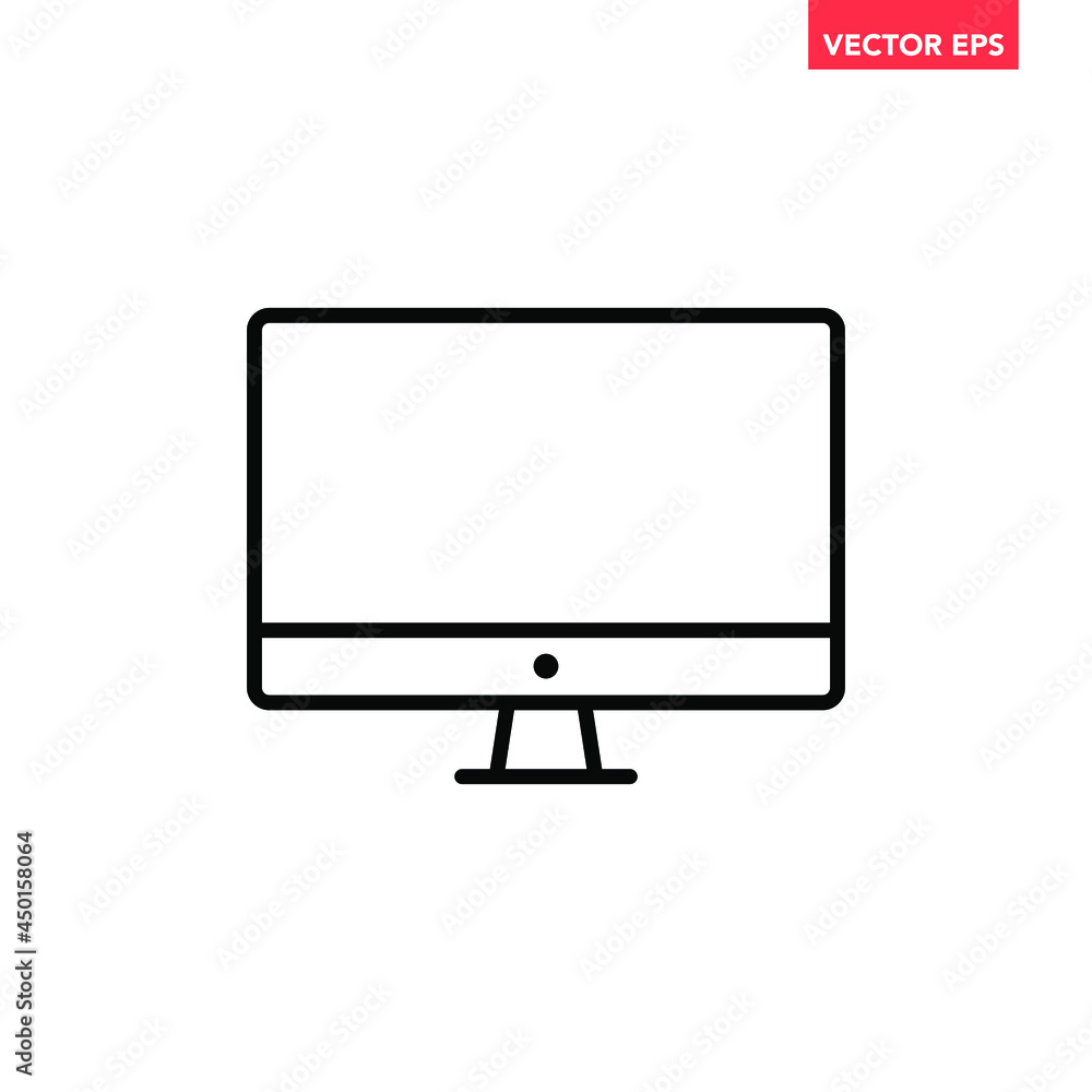 Fototapete black single computer screen monitor linear icon, simple digital device flat design pictogram, infog