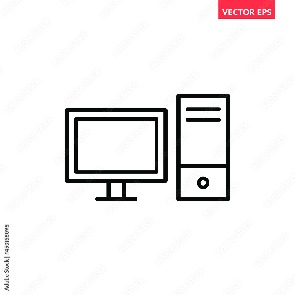 Fototapete black single pc desktop monitor linear icon, simple digital device flat design pictogram, infographi