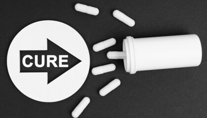 Pills on a black background. They are indicated by a circle with an arrow, inside which it is written - CURE