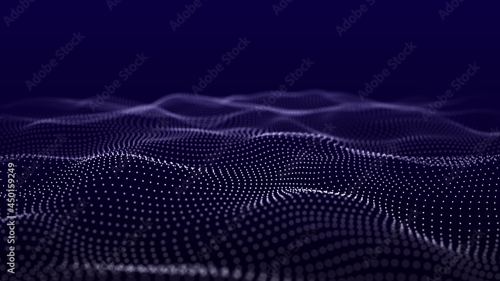 Poster dots futuristic background with dynamic wave. 3d visualization of big data. energy flows. 3d renderi
