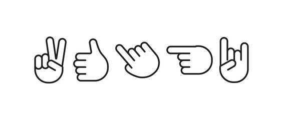 Gesture line vector set, black finger and palm hands outline icons isolated on white background. Expression illustration