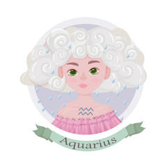 Aquarius Zodiac sign as a beautiful girl with lush hair. Set of bright signs of the zodiac. Horoscope. Astronomy. Vector illustration isolated on white background.