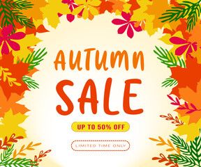 Autumn sale vector poster design with colorful maple leaves and sale discount text for fall season shopping promotion. . Autumn leaves background, Vector Illustration.