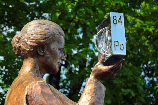 Warsaw, Poland - May 1, 2019: Monument to Marie Sklodowska Curie, a Polish-French physicist and chemist who discovered two elements, polonium and radium.