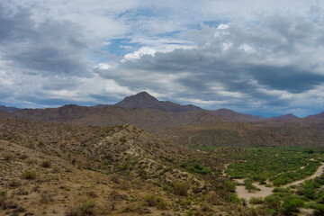 Fototapeta na wymiar Arizona, wild west landscape with cactus view of desert valley mountains