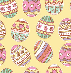 Doodled Easter eggs strolling across a seamless pattern. This vector artwork repeats seamlessly. Happy Easter.