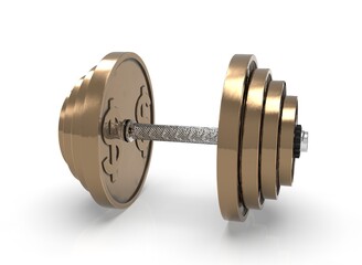 Bronze dumbbell made of a dollar coin on a white background 3d-rendering